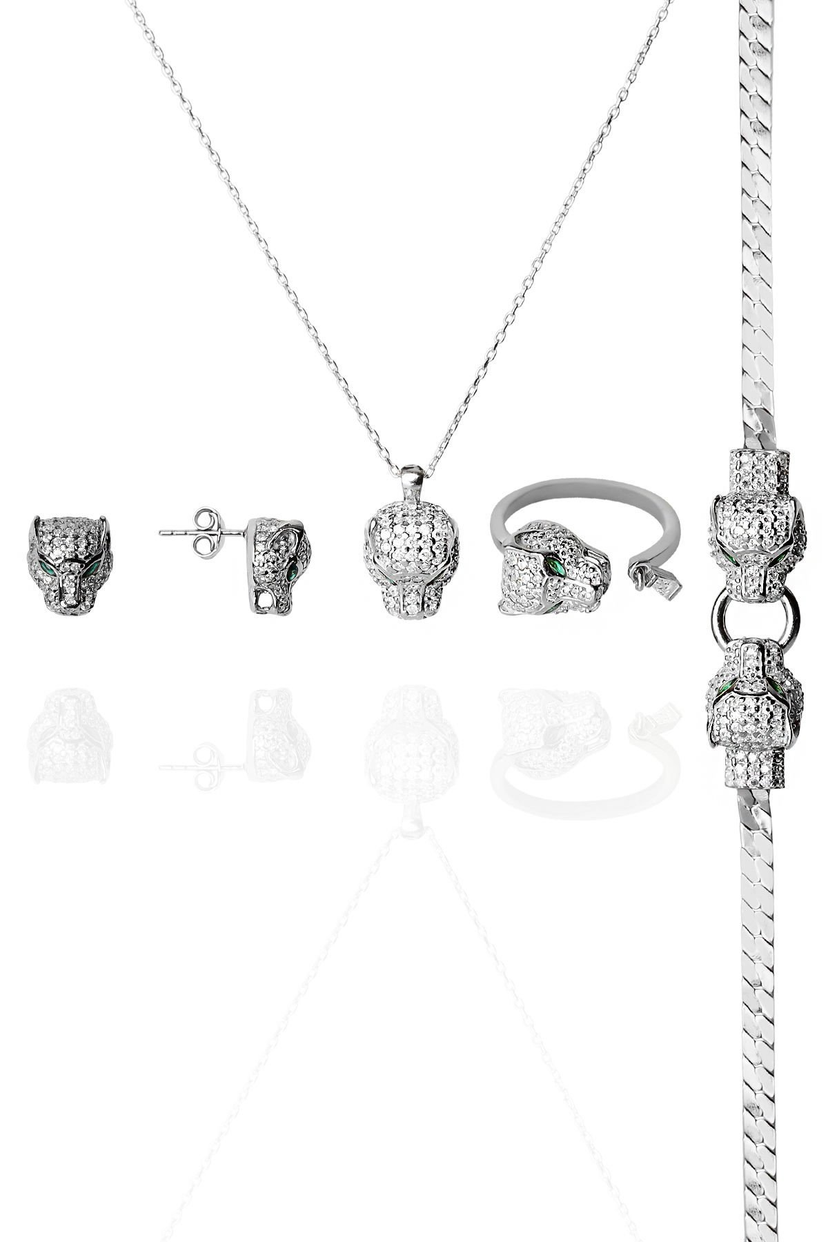 ENCİLİ SİLVER 925 Ayar Gümüş Özel Tasarım Panter Model Set(kolye+küpe+yüzük+bileklik)