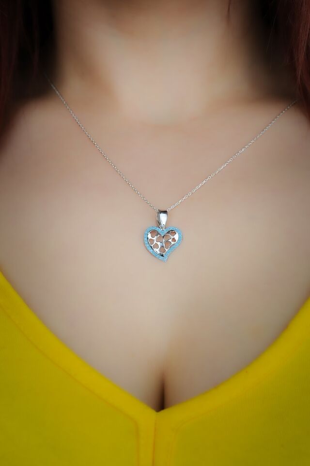 ENCİLİ SİLVER 925 Ayar Gümüş Taşlı Kalp Model Kadın Kolye TURKUAZ