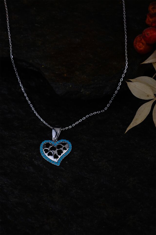 ENCİLİ SİLVER 925 Ayar Gümüş Taşlı Kalp Model Kadın Kolye TURKUAZ