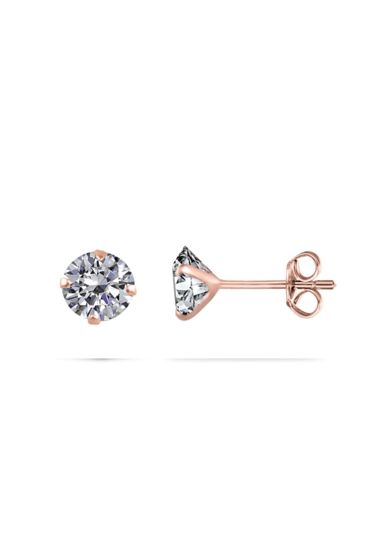 Kadın Gümüş Tektaş Küpe 2/4/5/6/8/9mm Zirkon Taşlı Çivili Altın/silvr/rose Kaplama Yuvarlak Kesim rose - 6 mm