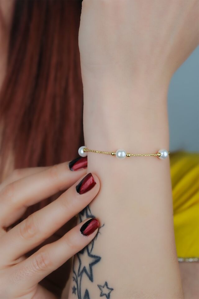 ENCİLİ SİLVER 925 Ayar Gümüş İnci Taşlı Kadın Set( Kolye+Bileklik) GOLD