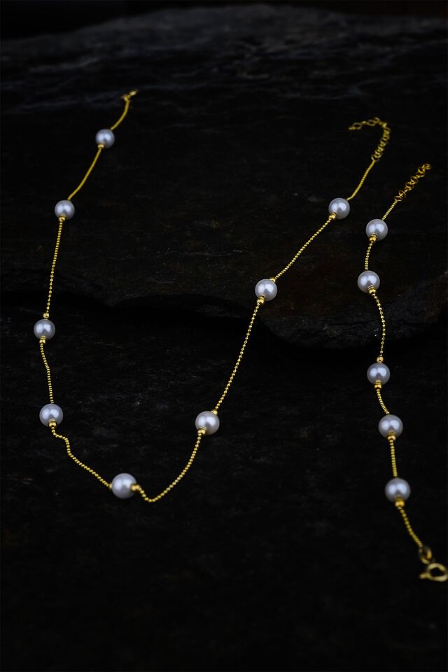 ENCİLİ SİLVER 925 Ayar Gümüş İnci Taşlı Kadın Set( Kolye+Bileklik) GOLD