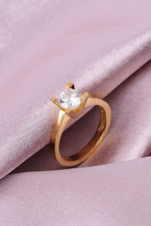 ENCİLİ SİLVER 925 Ayar Gümüş Kadın Tektaş Yüzük Zirkon Taşlı Rose Kaplama Özel Tasarım Yuvarlak Kesim Yüzük Altın - 10