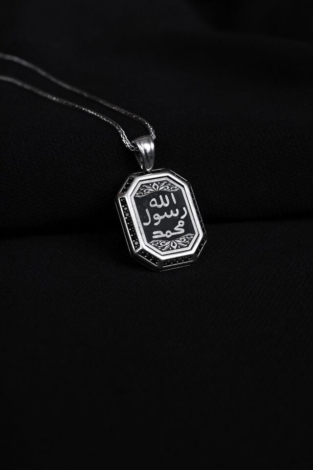 ENCİLİ SİLVER 925 Ayar Gümüş Kare Model Allah Resulü Muhammed Yazılı Erkek Kolye