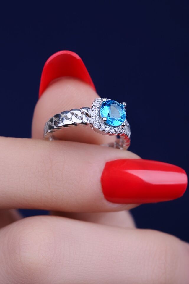 ENCİLİ SİLVER 925 Ayar Gümüş Mavi Topaz Taşlı Model Kadın Yüzük