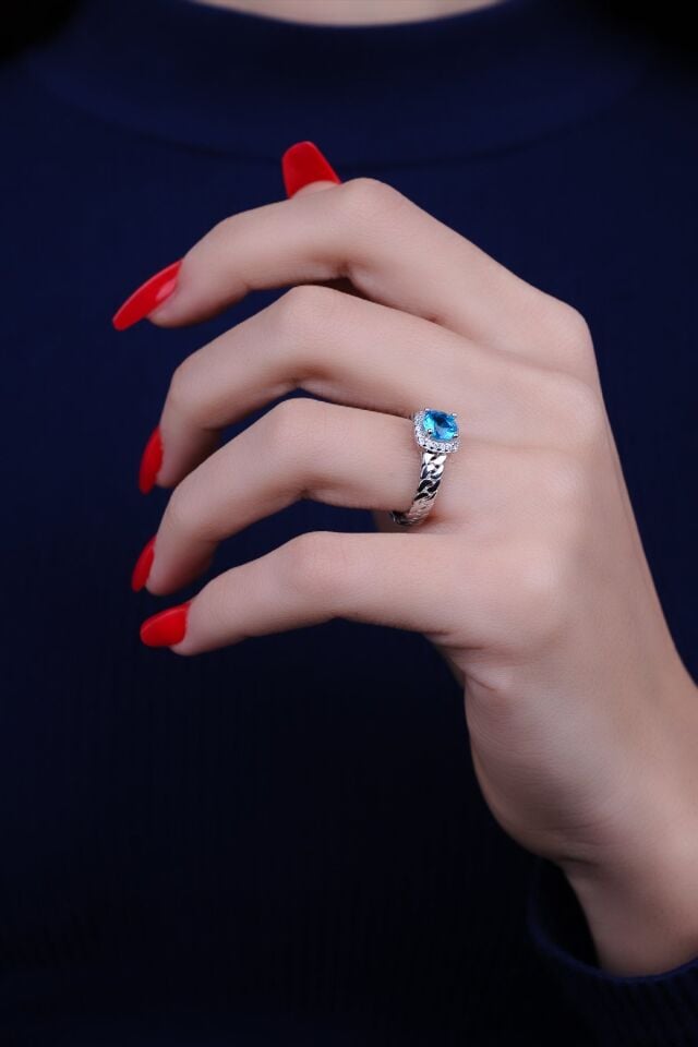 ENCİLİ SİLVER 925 Ayar Gümüş Mavi Topaz Taşlı Model Kadın Yüzük