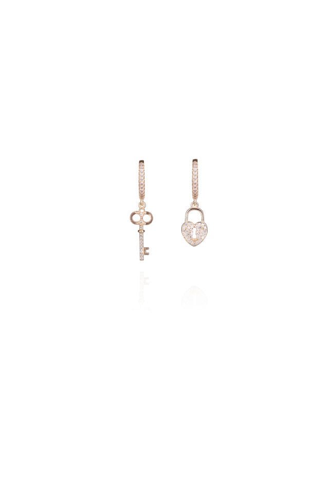 Encili Silver 925 Ayar Gümüş Kadın Taşlı Kilit-Kalp Model Gold Renk Halka Küpe