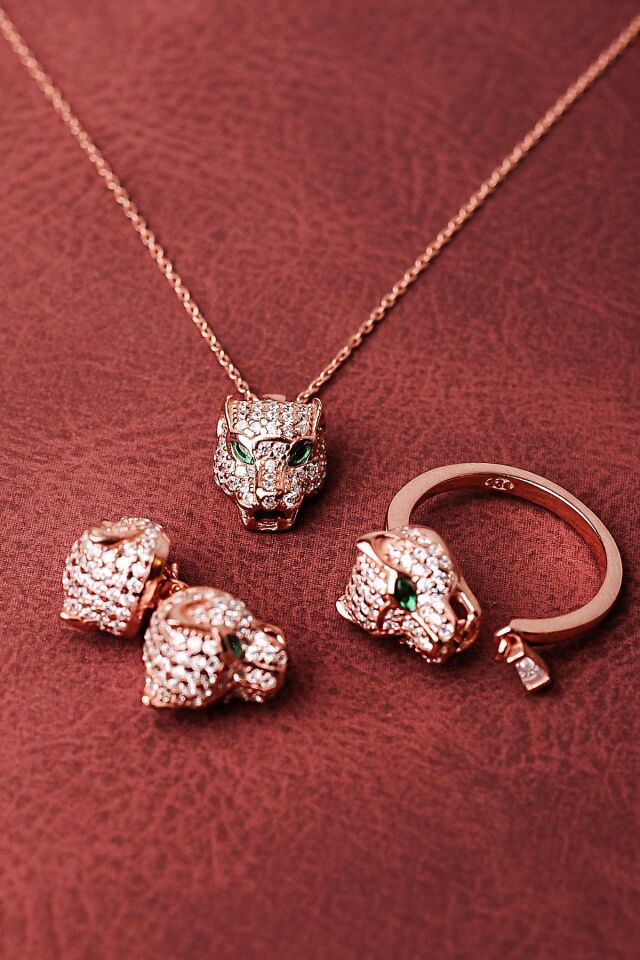 ENCİLİ SİLVER 925 Ayar Gümüş Özel Tasarım Panter Model Gümüş Renk Set (Kolye+Küpe+Yüzük) rose