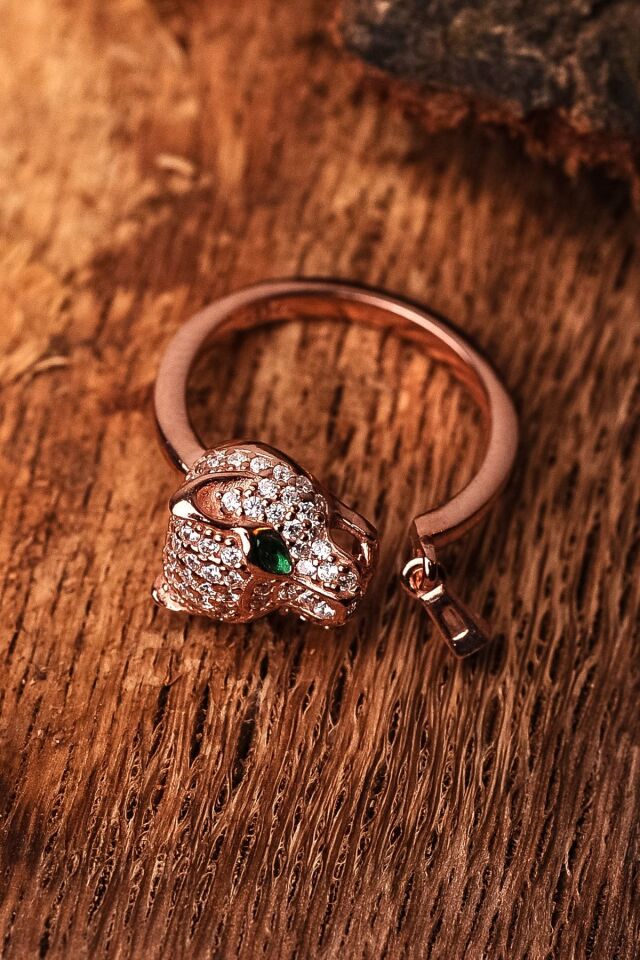 ENCİLİ SİLVER 925 Ayar Gümüş Özel Tasarım Panter Model Gümüş Renk Set (Kolye+Küpe+Yüzük) rose