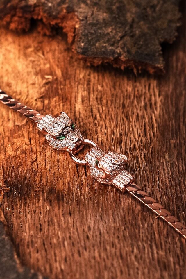 ENCİLİ SİLVER 925 Ayar Gümüş Özel Tasarım Panter Model Gümüş Renk Kadın Bileklik rose - Tek Ebat
