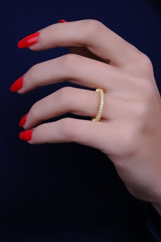 ENCİLİ SİLVER 925 Ayar Gümüş Gold Renk Tek Sıra Tam Tur Model Kadın Yüzük