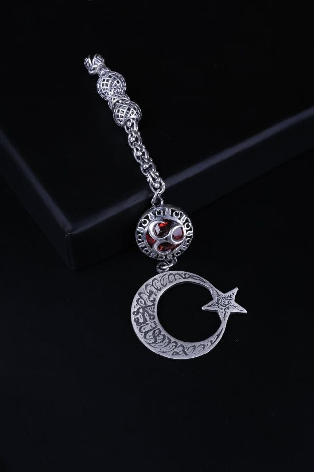 ENCİLİ SİLVER 925 Ayar Gümüş Özel Seri Üç Hilal Tasarım Ay-Yıldız Uç Figürlü Tesbih Püskülü