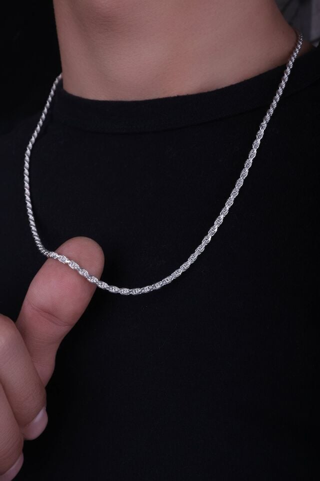 ENCİLİ SİLVER 925 Ayar Gümüş Halat Burgulu Zincir Model Kolye 3 Mm