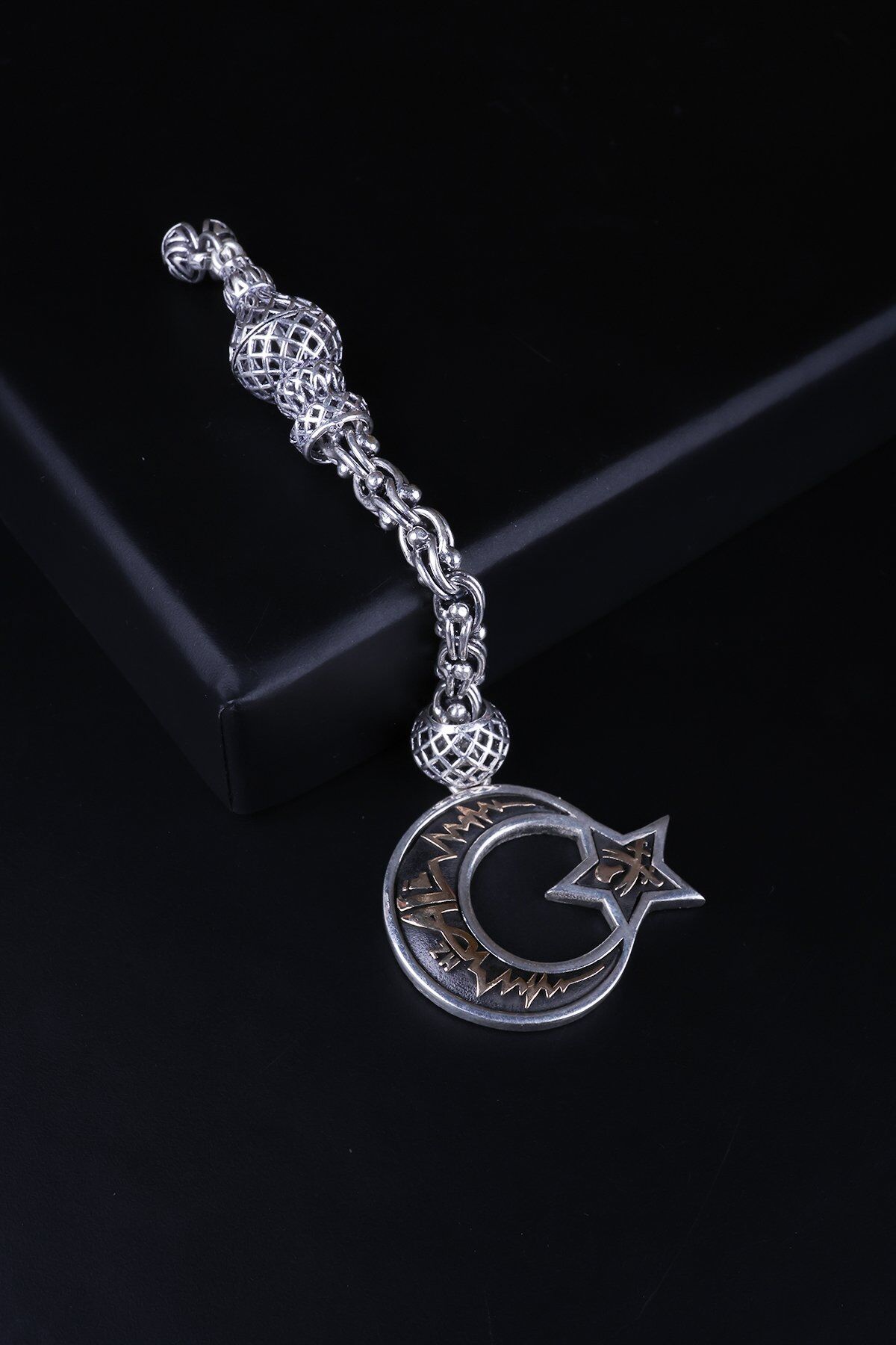 ENCİLİ SİLVER 925 Ayar Gümüş Özel Seri Hz. Ali Yazılı Ay-Yıldız Uçlu Tesbih Püskülü