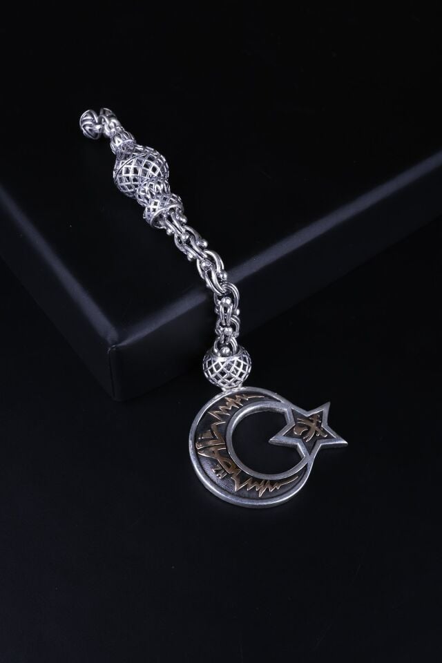 ENCİLİ SİLVER 925 Ayar Gümüş Özel Seri Hz. Ali Yazılı Ay-Yıldız Uçlu Tesbih Püskülü