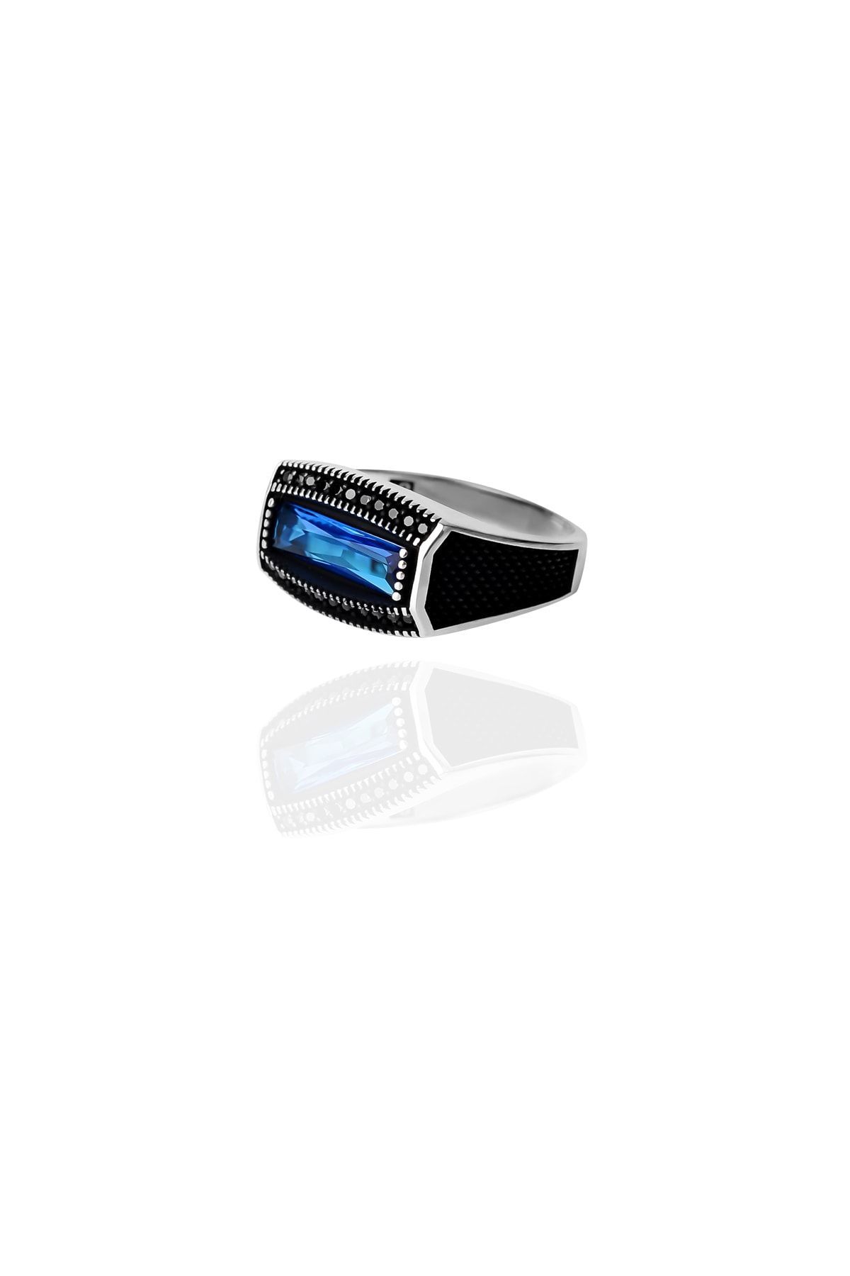 ENCİLİ SİLVER 925 Ayar Gümüş Özel Tasarım Yatay Beyaz Taşlı Erkek Yüzük MAVİ - 18