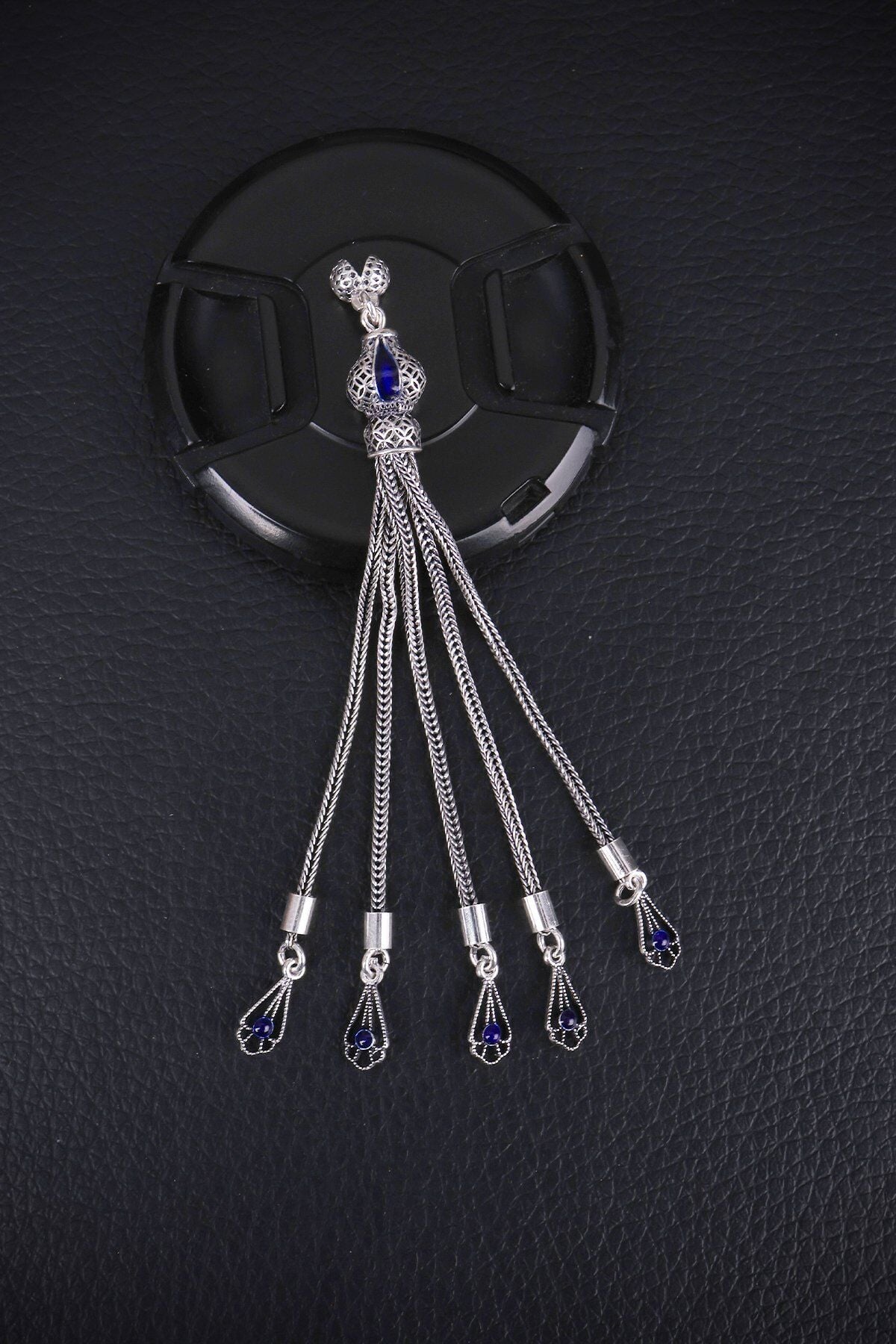 ENCİLİ SİLVER 925 Ayar Gümüş Özel Tasarım Yarma Model Mavi Mineli Tesbih Püskülü