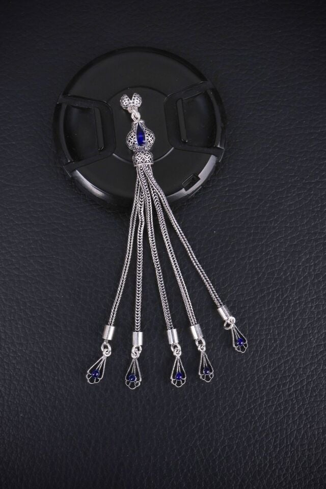 ENCİLİ SİLVER 925 Ayar Gümüş Özel Tasarım Yarma Model Mavi Mineli Tesbih Püskülü