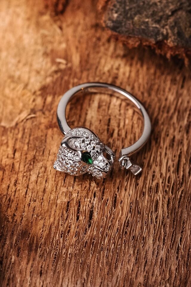 ENCİLİ SİLVER 925 Ayar Gümüş Özel Tasarım Ayarlanabilir Panter Model Gümüş Renk Kadın Yüzük gümüş - Tek Ebat