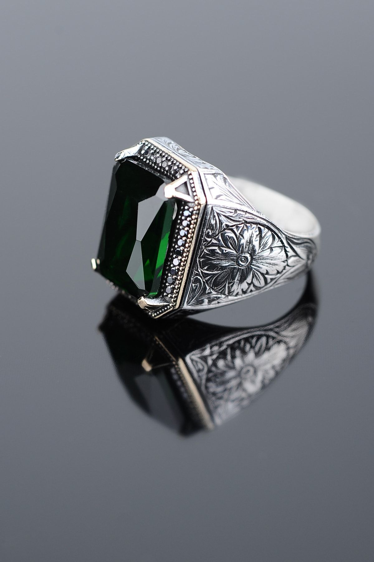 ENCİLİ SİLVER 925 Ayar Gümüş Özel Tasarım Yeşil Zirkon Taşlı Gümüş Erkek Yüzük YEŞİL - 28