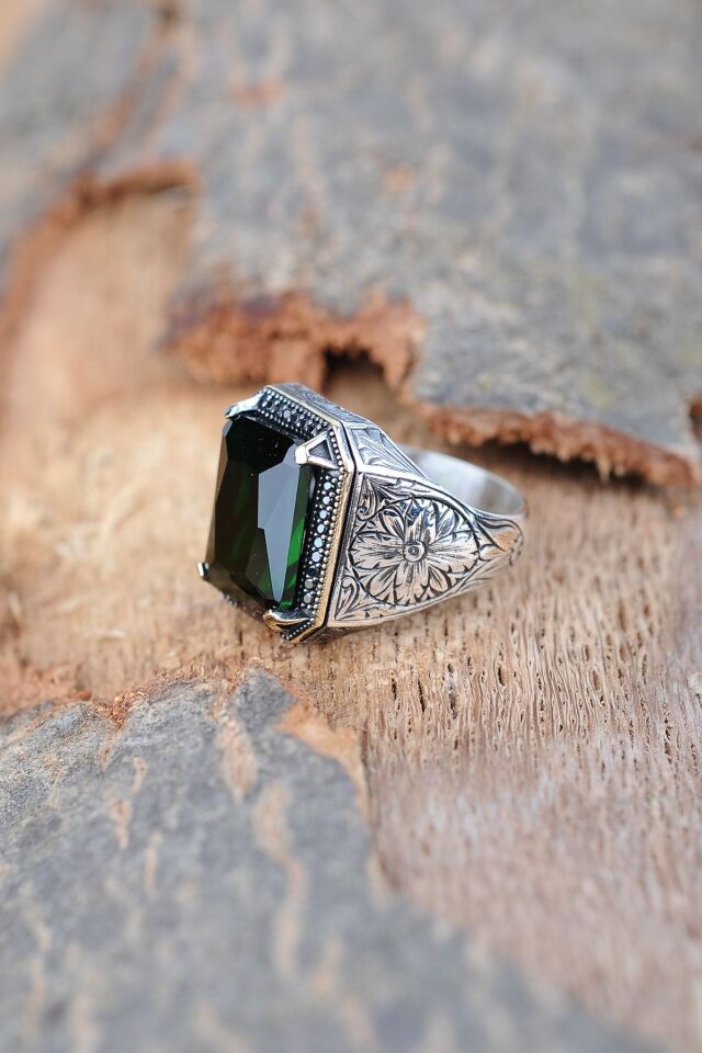ENCİLİ SİLVER 925 Ayar Gümüş Özel Tasarım Yeşil Zirkon Taşlı Gümüş Erkek Yüzük YEŞİL - 28