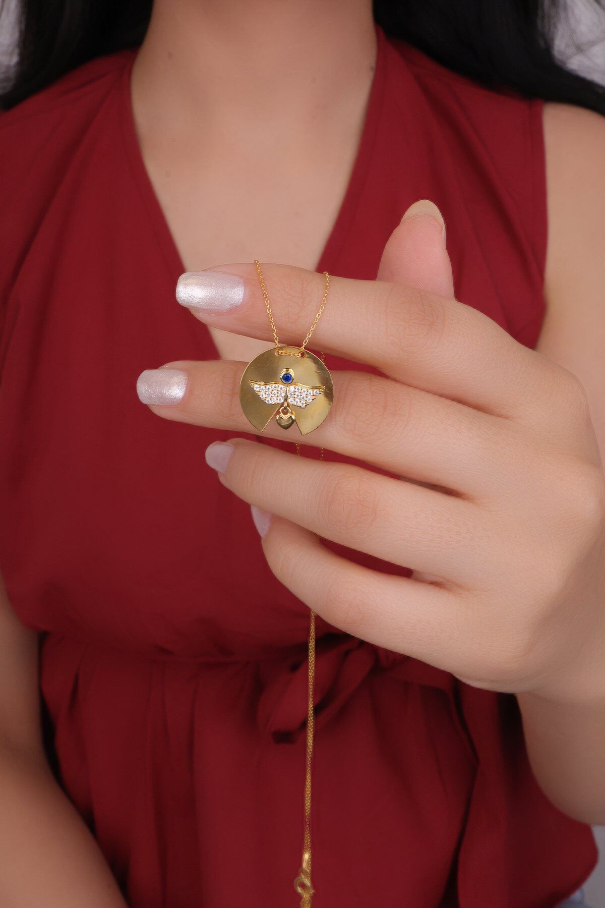 ENCİLİ SİLVER 925 Ayar Gümüş Taşlı Melek Kanadı Model Gold Renk Kadın Kolye