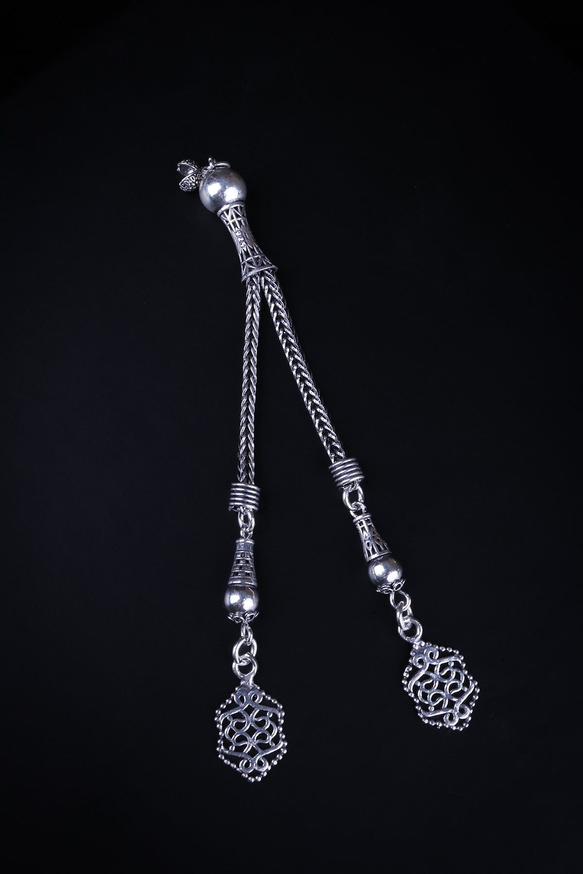 ENCİLİ SİLVER 925 Ayar Gümüş Çift Sallantılı Arnavut Zincirli Motif Uç Detaylı Tesbih Püskülü