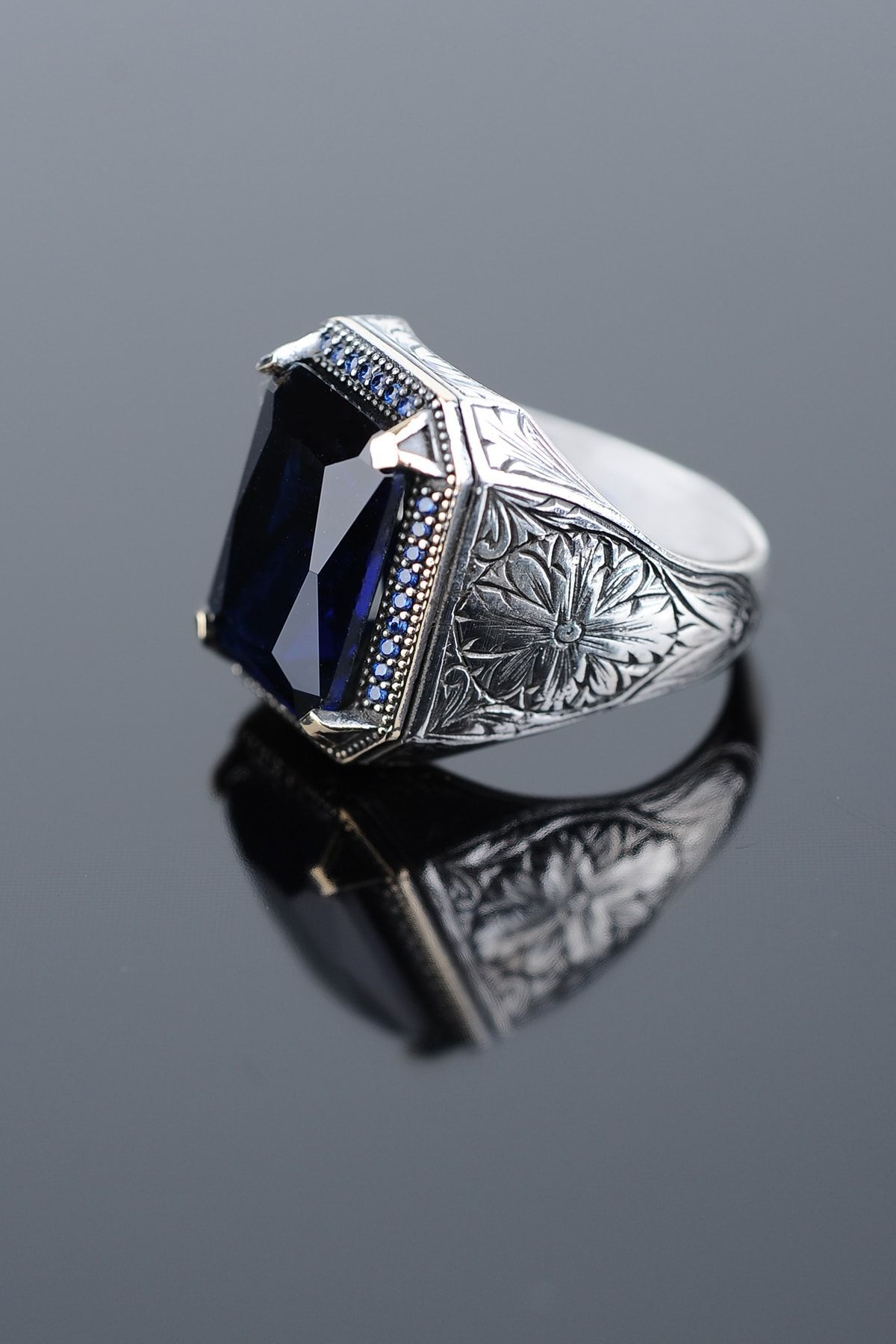 ENCİLİ SİLVER 925 Ayar Gümüş Özel Tasarım Yeşil Zirkon Taşlı Gümüş Erkek Yüzük MAVİ - 29