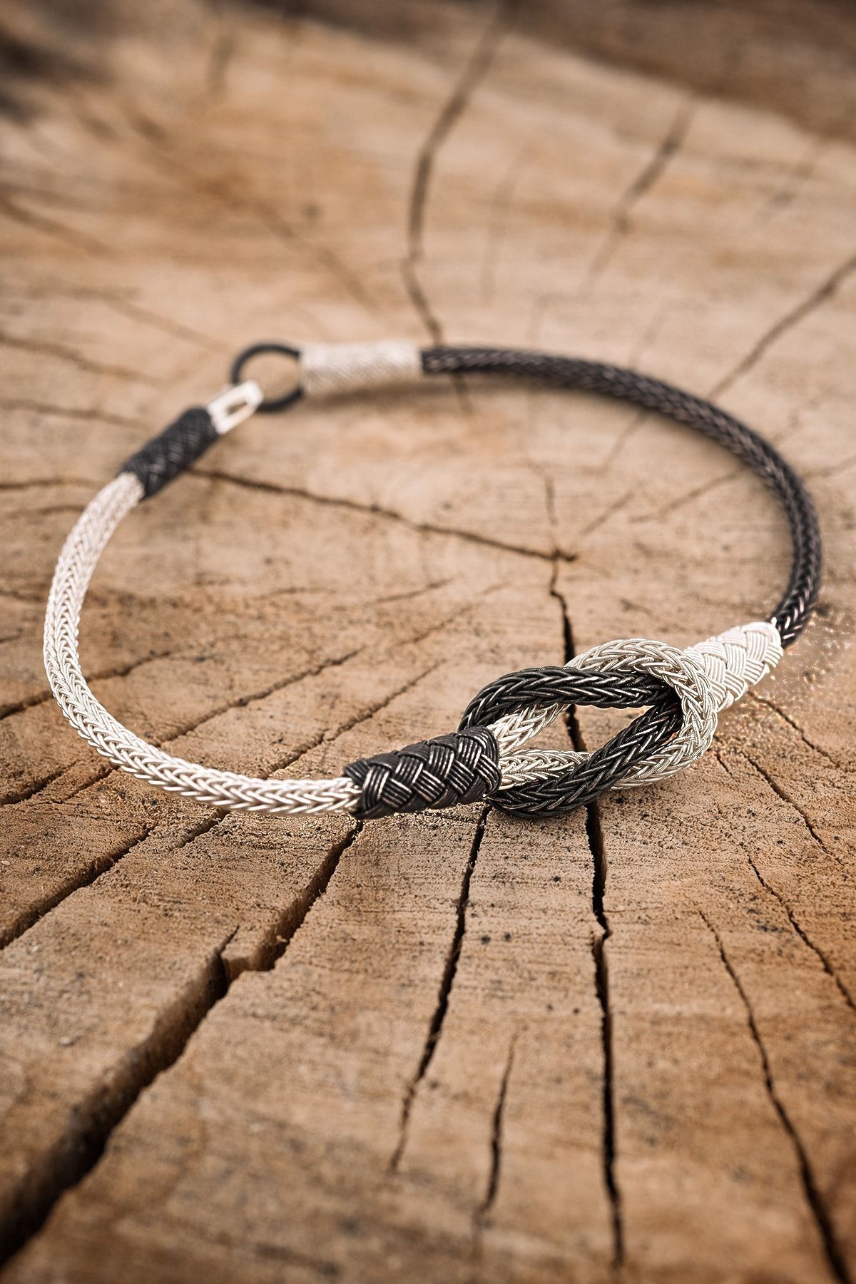 ENCİLİ SİLVER 1000 Ayar Gümüş El Örmesi Düğüm Kazaz Bileklik siyah beyaz - Tek Ebat