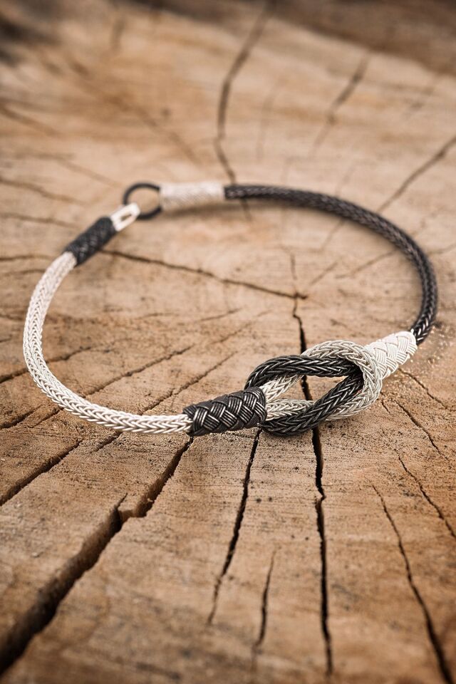 ENCİLİ SİLVER 1000 Ayar Gümüş El Örmesi Düğüm Kazaz Bileklik siyah beyaz - Tek Ebat