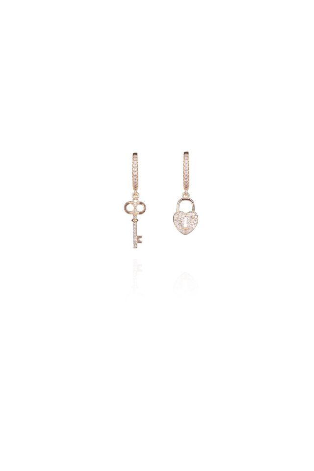 Encili Silver 925 Ayar Gümüş Kadın Taşlı Kilit-Kalp Model Gold Renk Halka Küpe