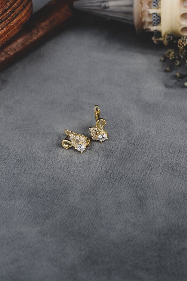 ENCİLİ SİLVER 925 Ayar Gümüş Taşlı Kuğu Model Çocuk J Küpe GOLD - Tek Ebat