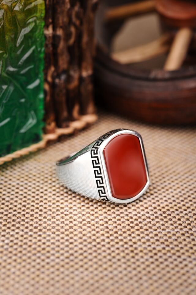 ENCİLİ SİLVER 925 Ayar Gümüş Bordo Taşlı Gümüş Erkek Yüzük