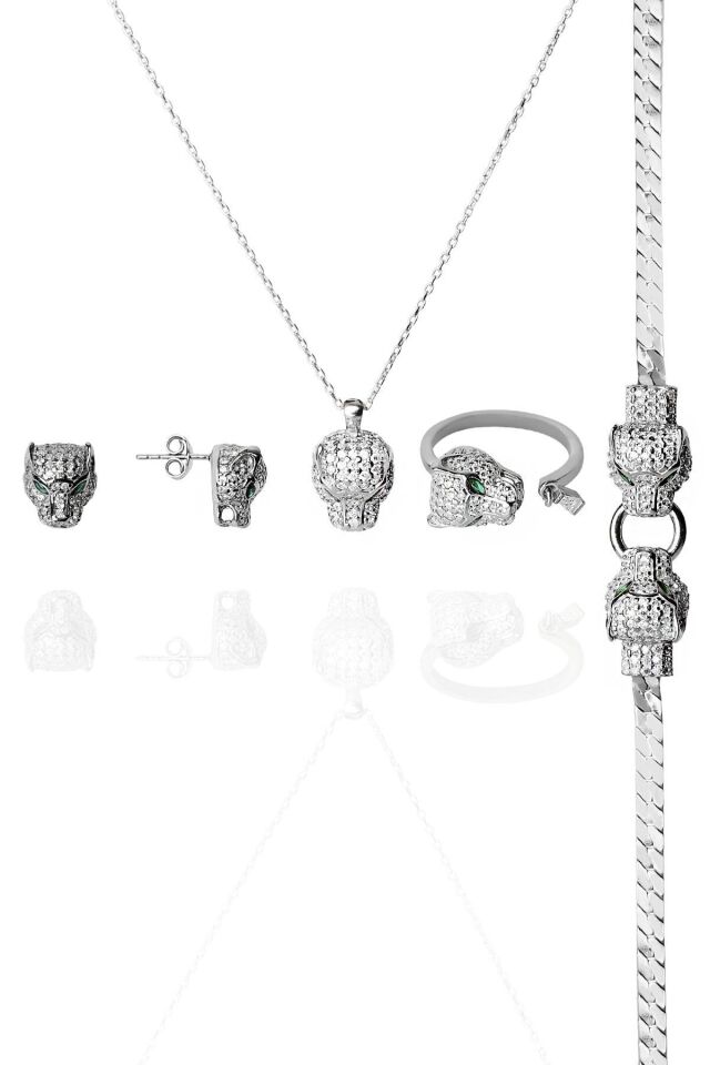 ENCİLİ SİLVER 925 Ayar Gümüş Özel Tasarım Panter Model Gümüş Renk Set(Kolye+Küpe+Yüzük+Bileklik)