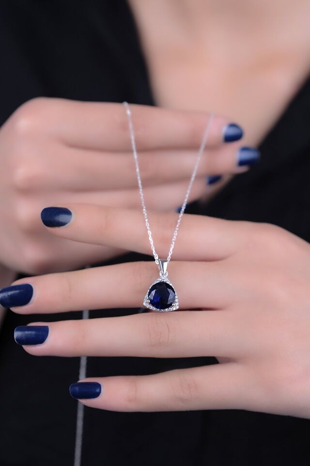ENCİLİ SİLVER 925 Ayar Gümüş Safir Taşlı Kadın Kolye