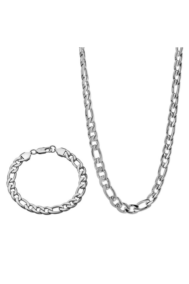 ENCİLİ SİLVER 925 Ayar Gümüş Erkek Figaro Zincir Kolye 60 cm ve Bileklik Set gümüş - 4