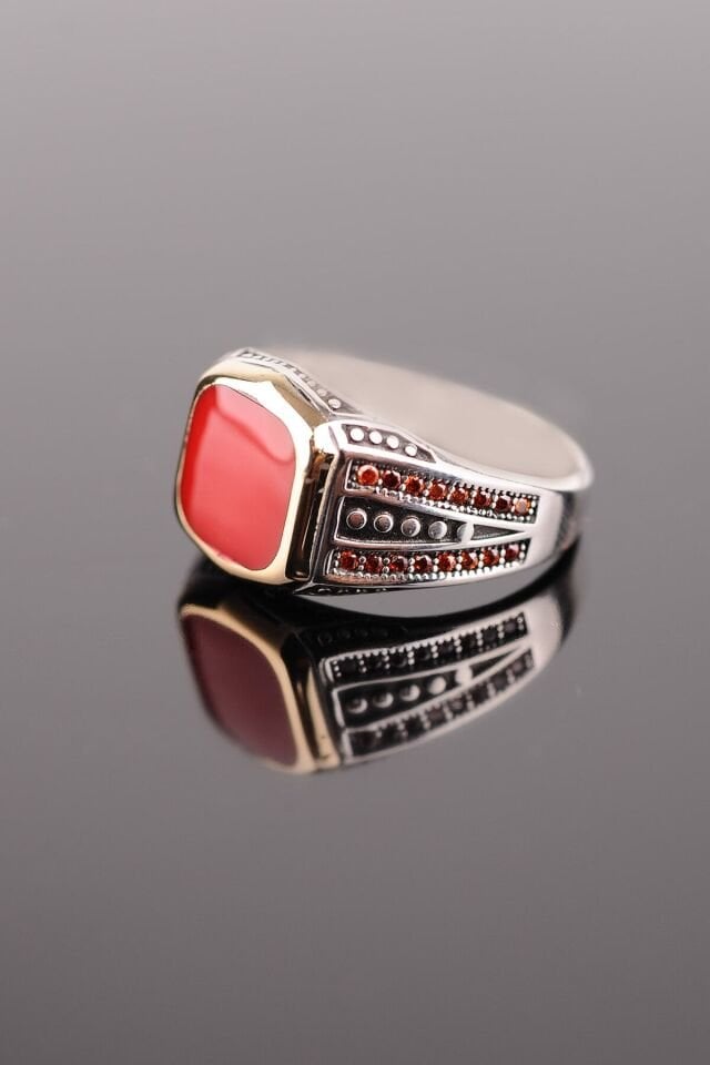 ENCİLİ SİLVER 925 Ayar Gümüş Özel Tasarım Kırmızı Mineli Gümüş Erkek Yüzük