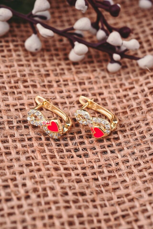 ENCİLİ SİLVER 925 Ayar Gümüş Pembe Kalpli Sonsuzluk Çocuk J Küpe GOLD - Tek Ebat