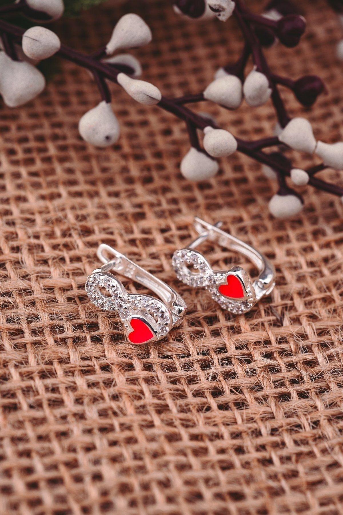 ENCİLİ SİLVER 925 Ayar Gümüş Pembe Kalpli Sonsuzluk Çocuk J Küpe gümüş - Tek Ebat