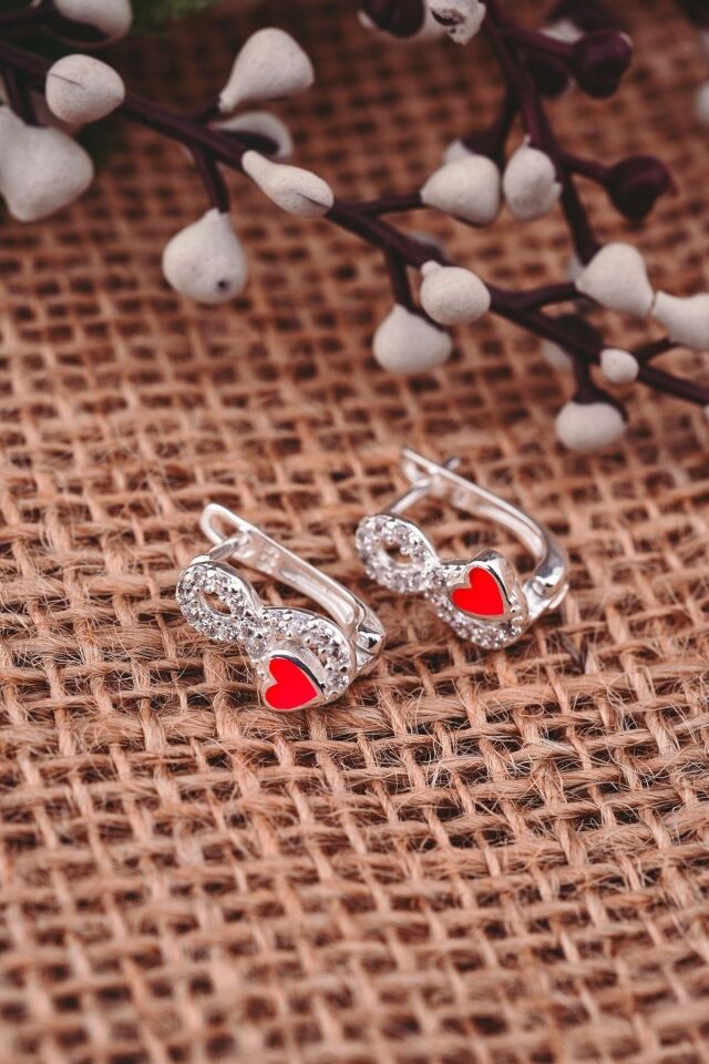 ENCİLİ SİLVER 925 Ayar Gümüş Pembe Kalpli Sonsuzluk Çocuk J Küpe gümüş - Tek Ebat