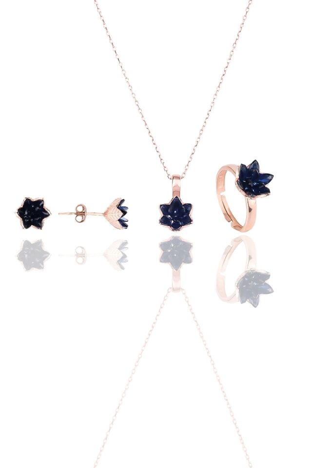 ENCİLİ SİLVER 925 Ayar Gümüş Lotus Çiçeği Model Yeşil Kadın Set (Kolye+Yüzük+Küpe) PARLEMENT MAVİSİ - Tek Ebat