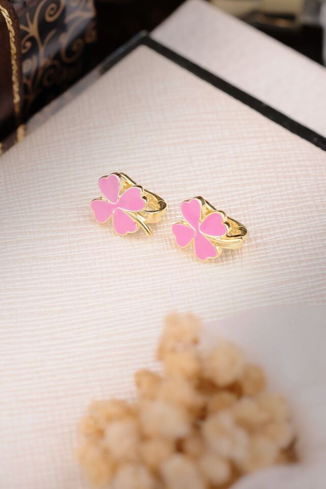 ENCİLİ SİLVER 925 Ayar Gümüş Pembe Yonca Model Çocuk J Küpe GOLD - Tek Ebat