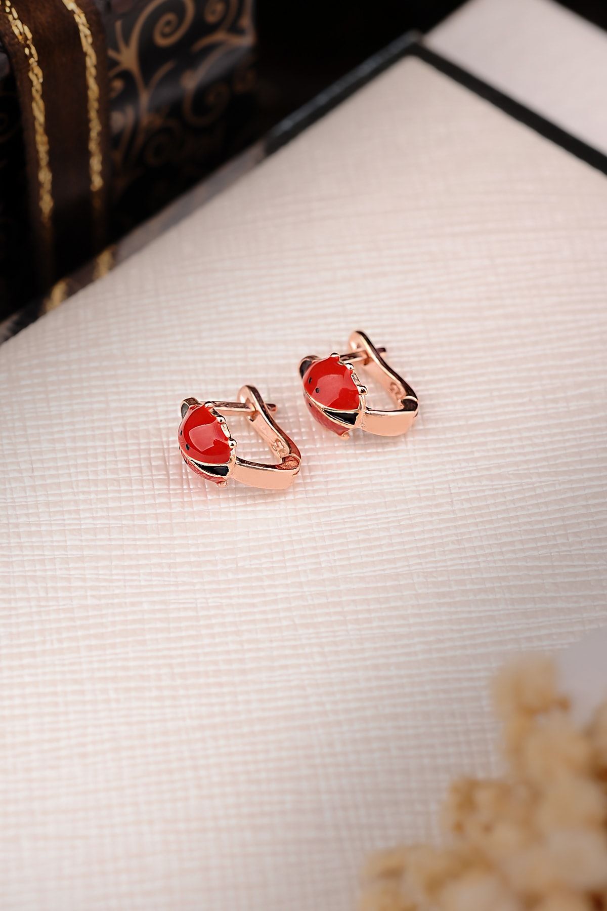 ENCİLİ SİLVER 925 Ayar Gümüş Uğur Böceği Model Çocuk J Küpe rose - Tek Ebat