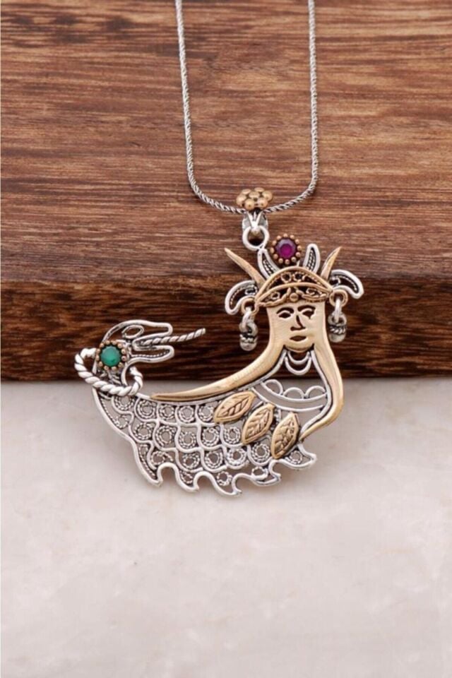 ENCİLİ SİLVER 925 Ayar Gümüş Şahmeran Telkari İşlemeli Kadın Gümüş Kolye gümüş - 50 cm