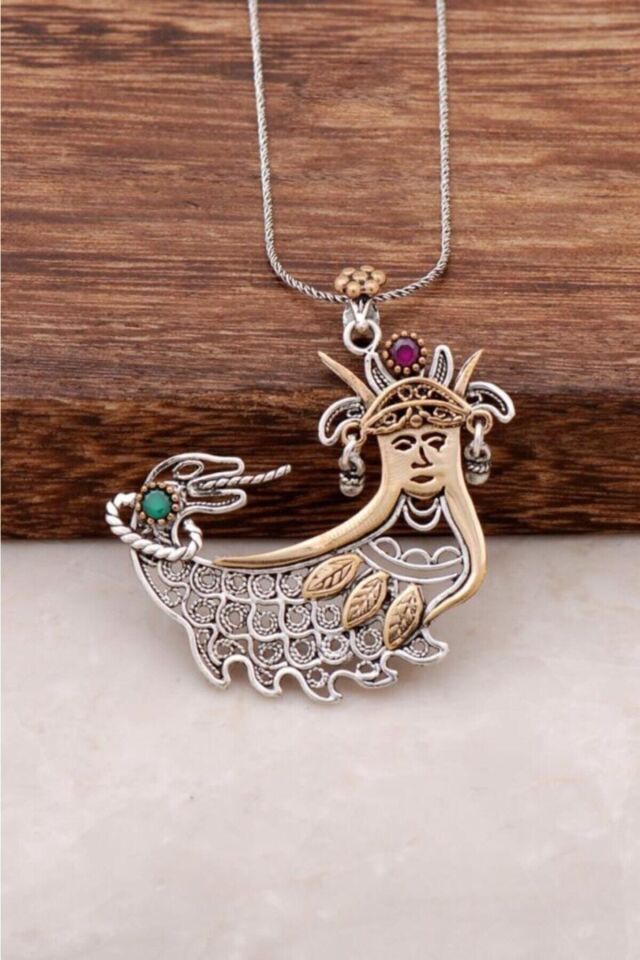 ENCİLİ SİLVER 925 Ayar Gümüş Şahmeran Telkari İşlemeli Kadın Gümüş Kolye gümüş - 40 cm