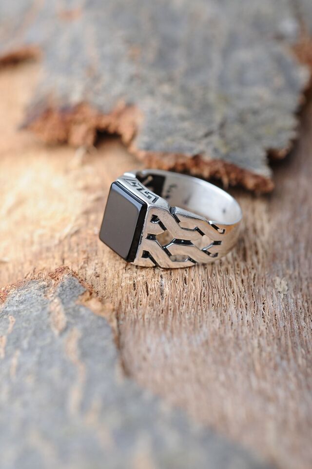 ENCİLİ SİLVER 925 Ayar Gümüş Oniks Siyah Taşlı Kare Model Gümüş Erkek Yüzük gümüş - 22