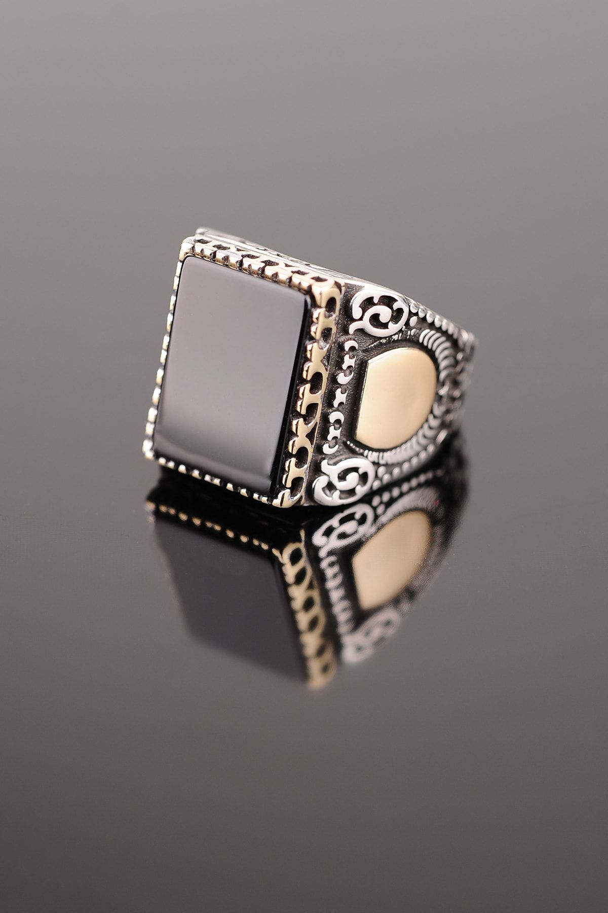 ENCİLİ SİLVER 925 Ayar Gümüş Dikdörtgen Model Siyah Oniks Taşlı Gümüş Erkek Yüzük gümüş - 23