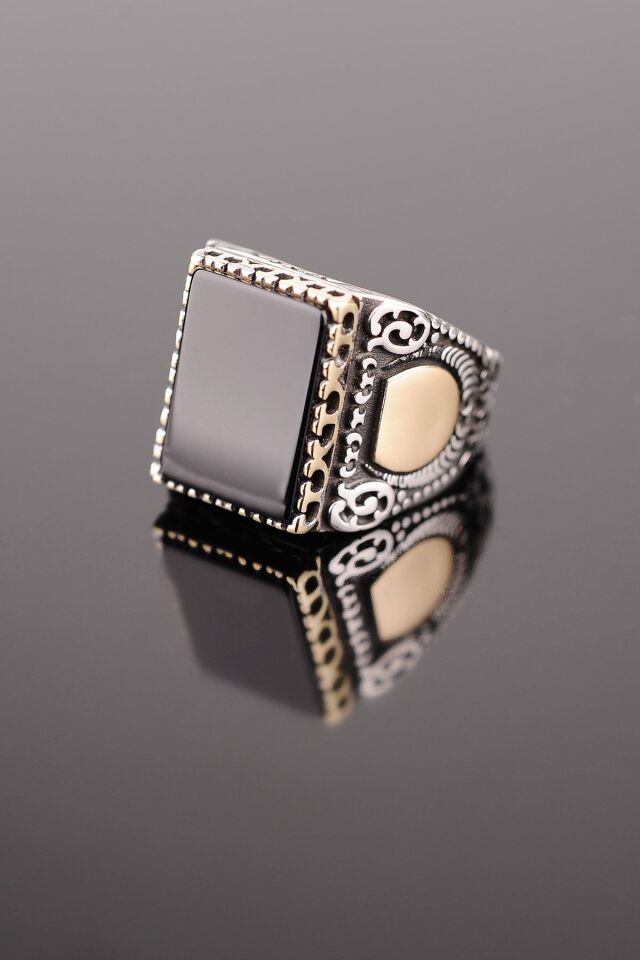 ENCİLİ SİLVER 925 Ayar Gümüş Dikdörtgen Model Siyah Oniks Taşlı Gümüş Erkek Yüzük gümüş - 24