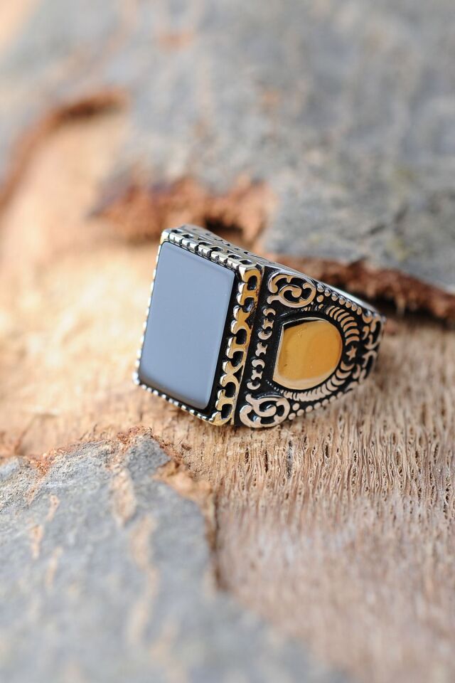 ENCİLİ SİLVER 925 Ayar Gümüş Dikdörtgen Model Siyah Oniks Taşlı Gümüş Erkek Yüzük gümüş - 30