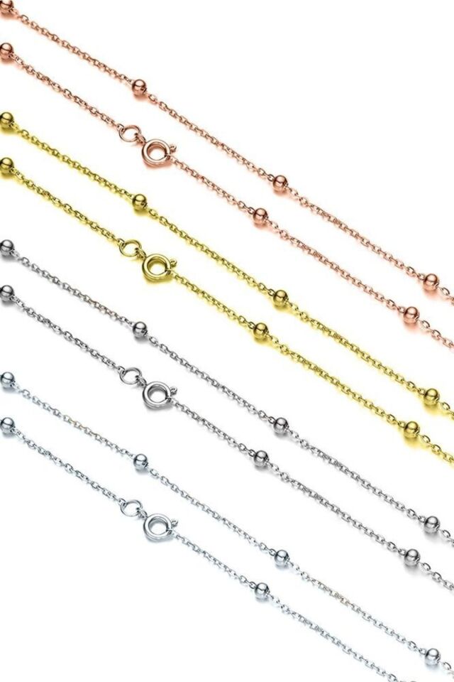 Kadın Gümüş Top Top Zincir Beyaz Altın Kaplama Toplu Kolye Özel 1.2mm Mücevher 55 cm